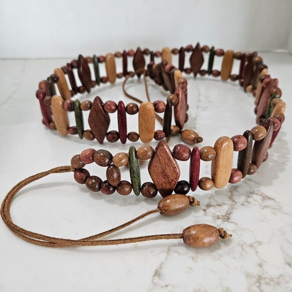Boho Vintage Adjustable Wooden Beaded Tie Belt In Earth Tones Brown Green - Picture 1 of 9